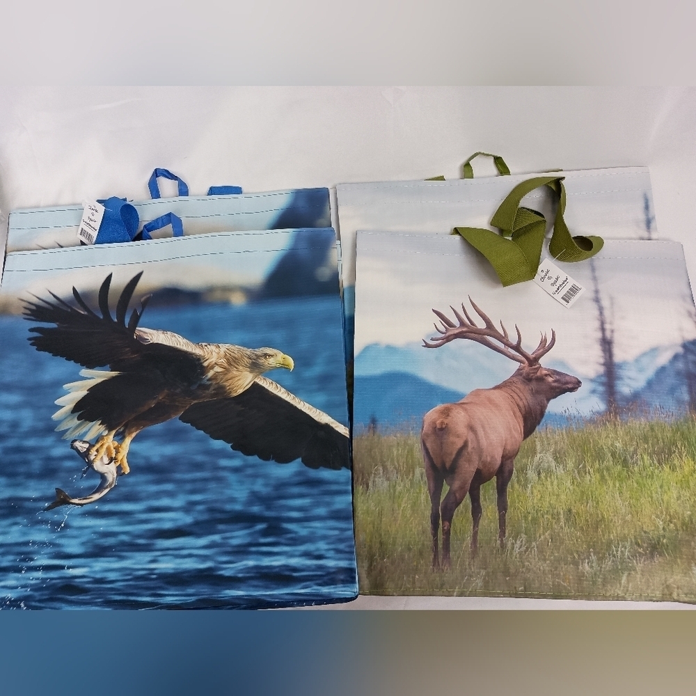 NWT‎ Set Of 4 Wildlife Print Reusable Tote Bags (#1,258)